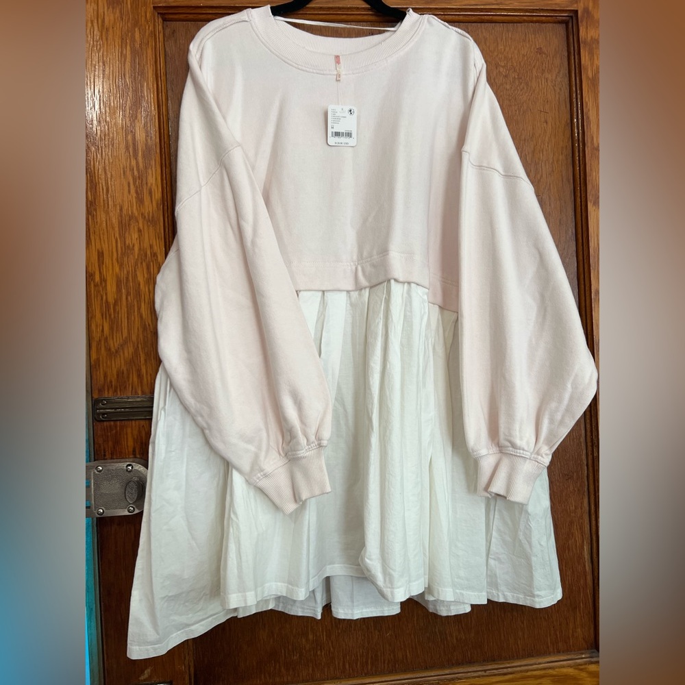 NWT Free People Eleanor Sweatshirt Scoop Neck Heart Stitch PINK Dress M